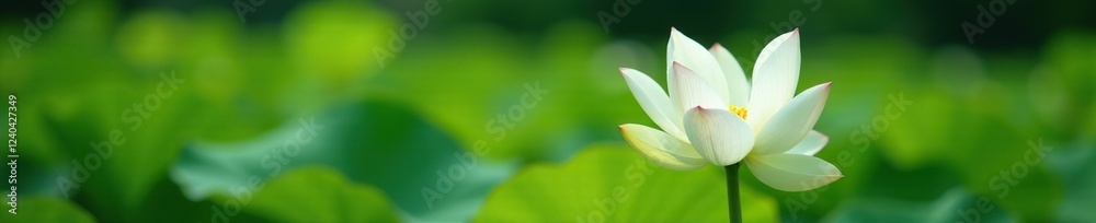 A delicate white lotus lily rises from a bed of greenery, garden, summer blooms, foliage A delicate white lotus lily rises from a bed of greenery, garden, summer blooms, foliage