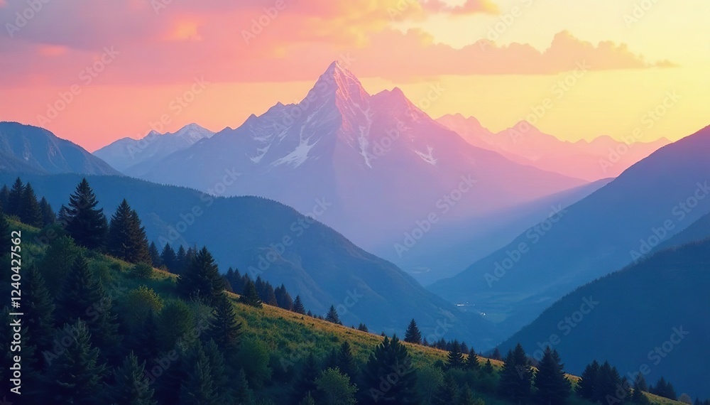 Obraz premium A dreamy blend of orange and blue hues fades over a serene mountain landscape, nature, peaceful