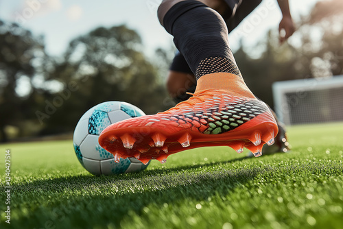 A close-up of a soccer boot with red and white stripes, in an all-red colorway, stepping on a football on a green grass field, with a sunny day background, captures dynamic motion.

