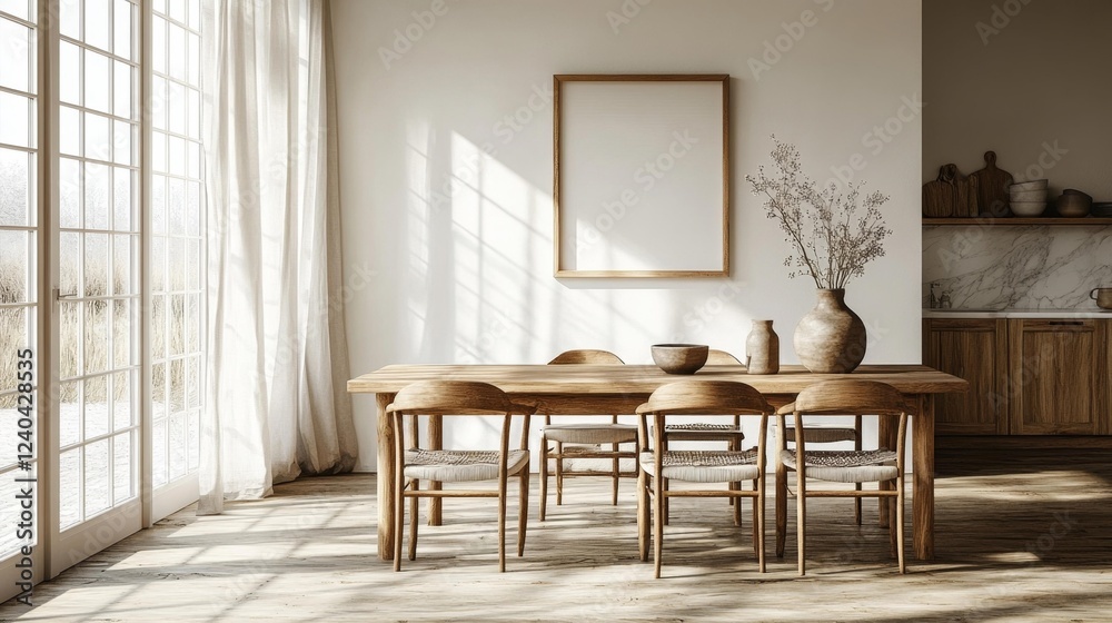 Fototapeta premium Bright Dining Area with Natural Light and Wooden Decor. Generative AI