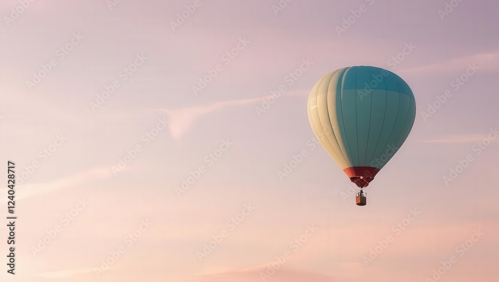 Obraz premium Pastel Sky, Solo Hot Air Balloon: A single, pastel-colored hot air balloon floats serenely against a soft, pinkish-orange sunrise or sunset sky, evoking a sense of peace and adventure. 
