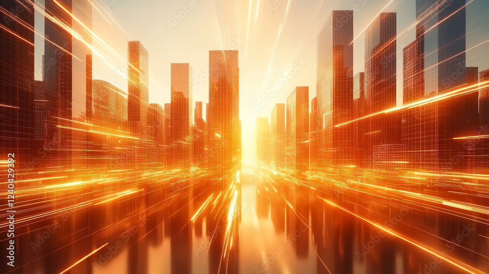 Obraz premium Technology-sense golden shuttle lines city skyline business theme background