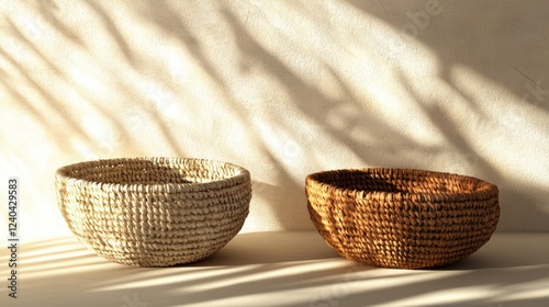 photorealistic clip art of woven baskets, minimalistic, earthy textures, subtle shadows, soft details photo