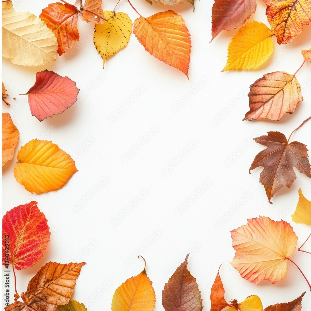 Obraz premium Colorful autumn leaves arranged in a circular pattern on a blank background inviting creative text addition. Generative AI