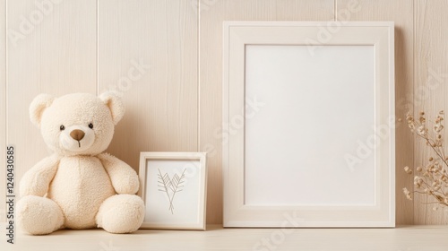 Wooden Frame Mockup with Baby Toys and Accessories for Nursery Art or Pregnancy Announcement Flat Lay Display