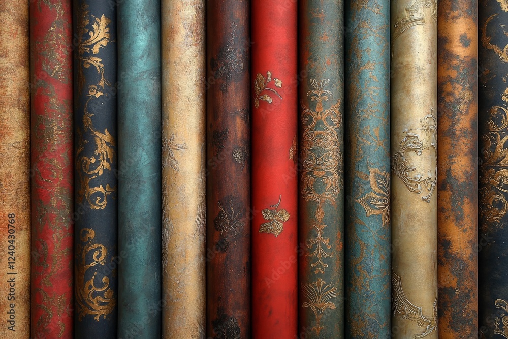 Colorful textured wallpaper rolls displayed in a creative design studio for interior decoration projects Colorful textured wallpaper rolls displayed in a creative design studio for interior decoration projects