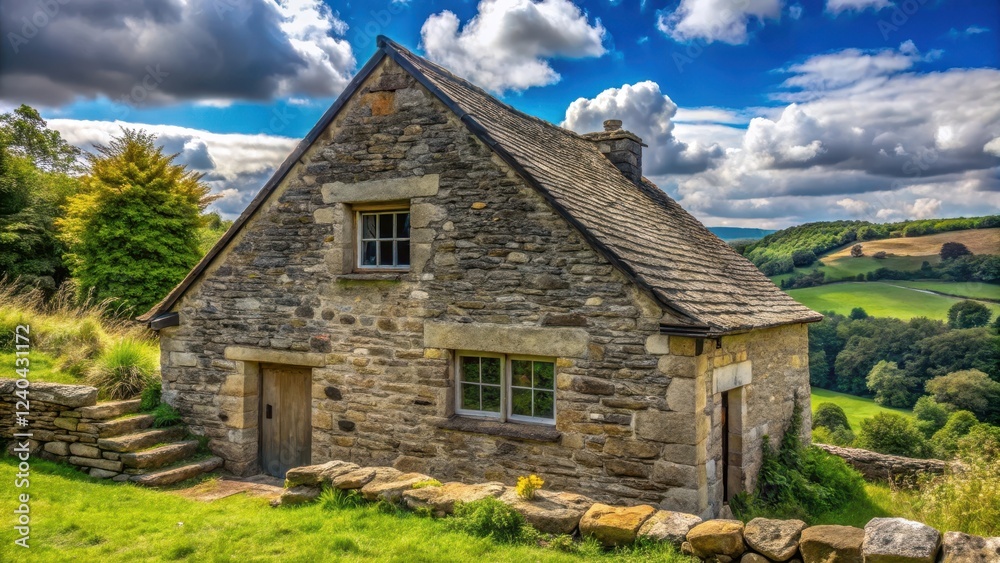 Old stone house with a steep gable roof and wooden window frames in a rural landscape setting, rural, building, rural Old stone house with a steep gable roof and wooden window frames in a rural landscape setting, rural, building, rural