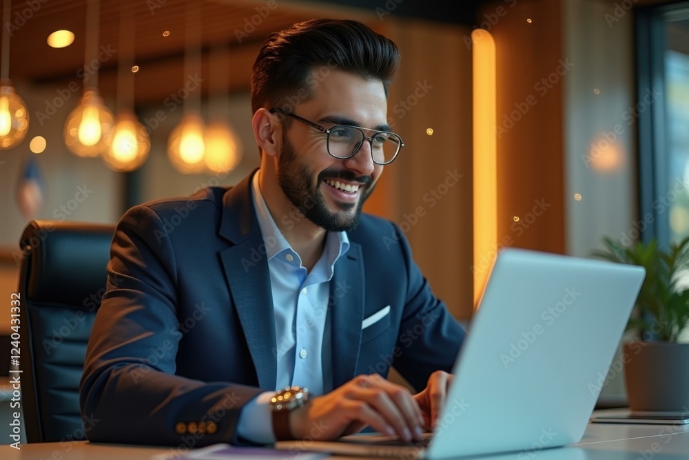 Man is smiling while using his laptop in office Man is smiling while using his laptop in office