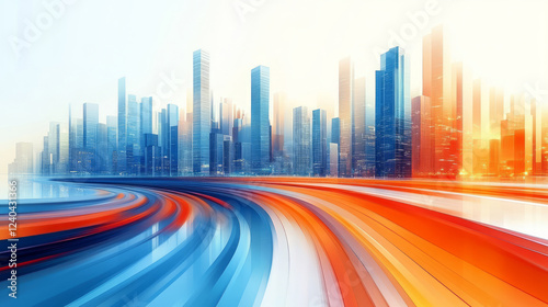 Abstract colorful lines and city skyline technology business theme background
