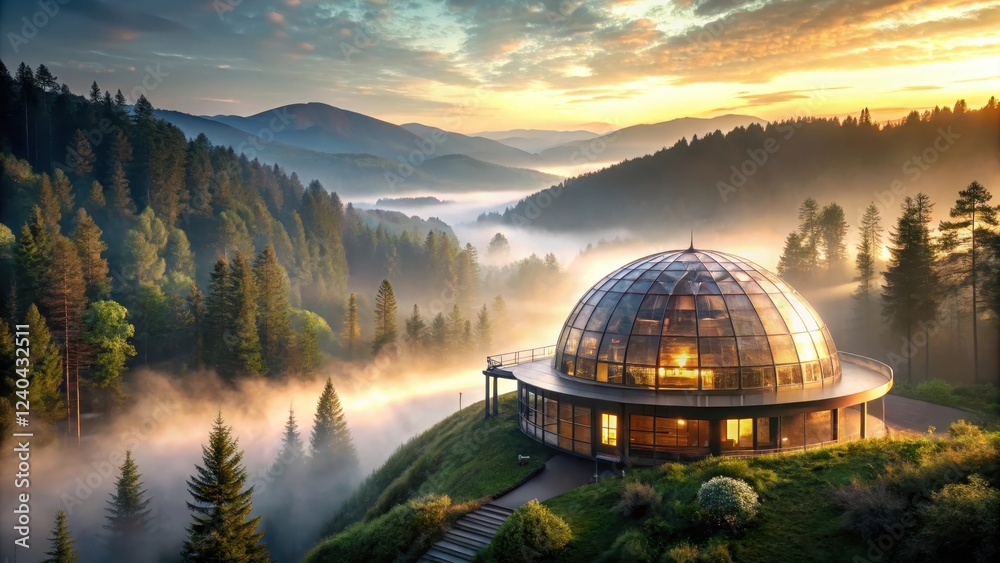 Fototapeta premium Serene Sunrise over Misty Mountaintop Observatory with Glass Dome Structure