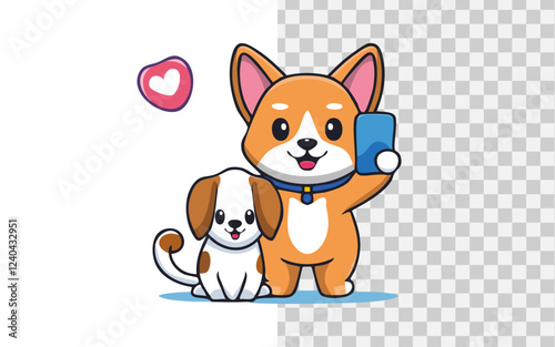 Simple flat vector illustration cute cat taking photo with dog on a white backgroun