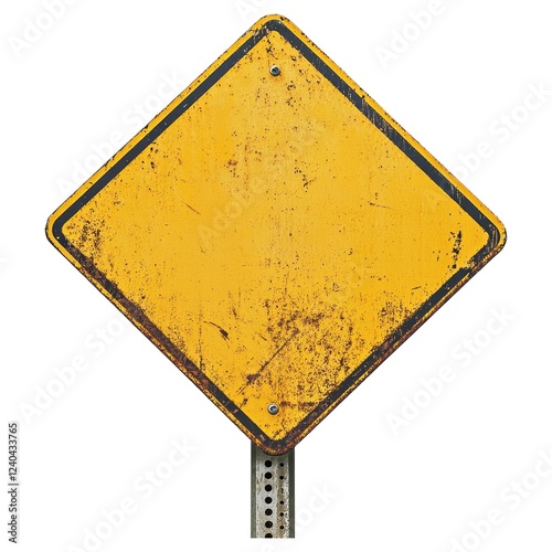 Blank Rusty Yellow Diamond Traffic Sign, Isolated on White Background Cutout