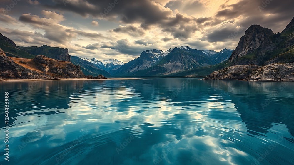 Obraz premium Serene mountain lake reflecting a dramatic sunset sky, showcasing tranquil waters and majestic peaks.