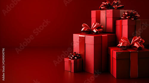 Elegant Red Gift Boxes with Bow on Red Background for Celebrations