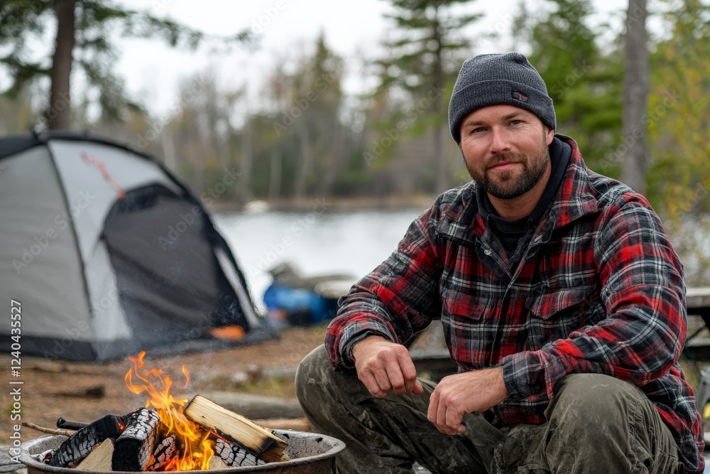 Man relaxing by campfire in a forested area near a lake during autumn afternoon Man relaxing by campfire in a forested area near a lake during autumn afternoon