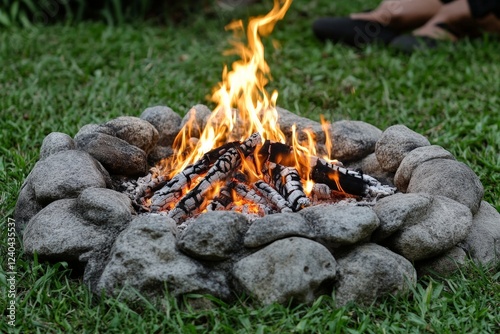 Campfire flames crackle in a stone circle surrounded by green grass during a serene evening gathering photo