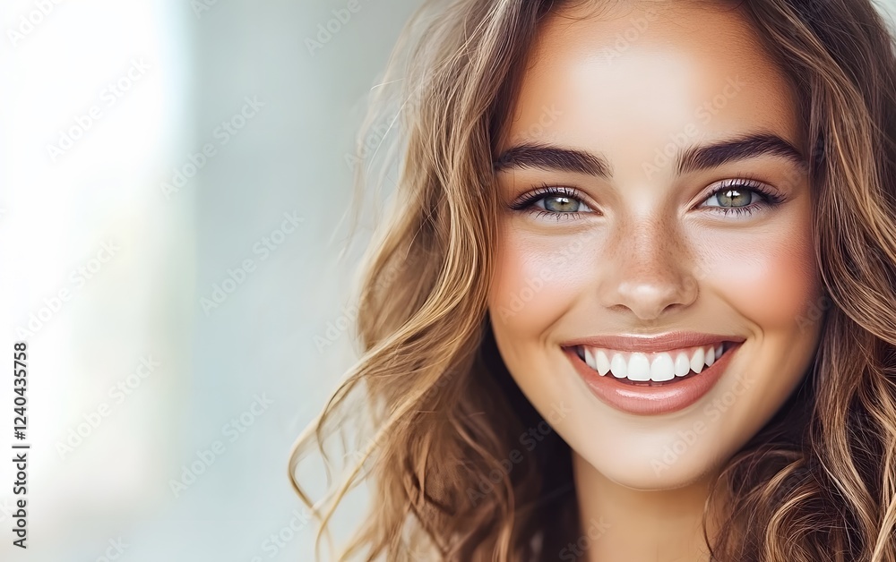 Naklejka premium Beautiful Woman Smiling Portrait, Radiant Skin, Healthy Teeth, Long Brown Hair