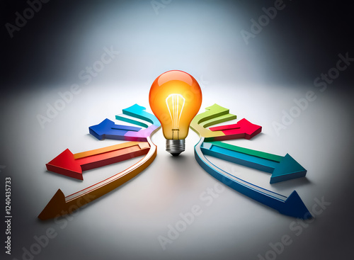 A glowing lightbulb sits at the center of diverging colorful arrows, symbolizing the multiple paths and choices leading to a brilliant idea or solution.