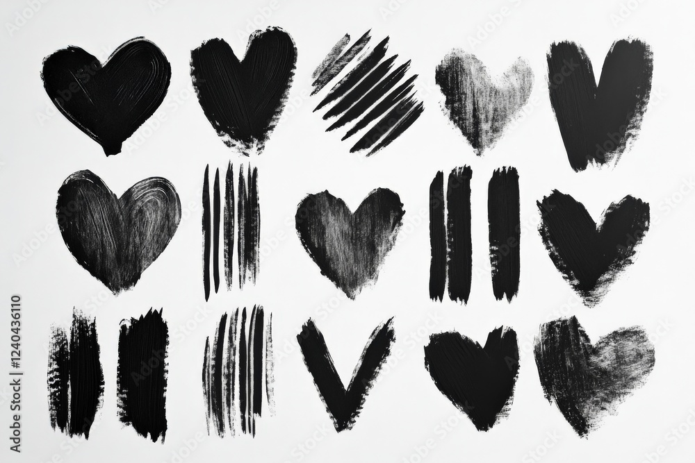 Creative display of black heart shapes and brush strokes on a white background showcasing abstract art principles Creative display of black heart shapes and brush strokes on a white background showcasing abstract art principles