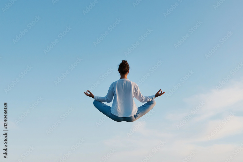 Tranquil Meditation Featuring a Floating Individual in Yoga Pose Against a Clear Blue Sky. The scene embodies peace, mindfulness, and holistic focus.