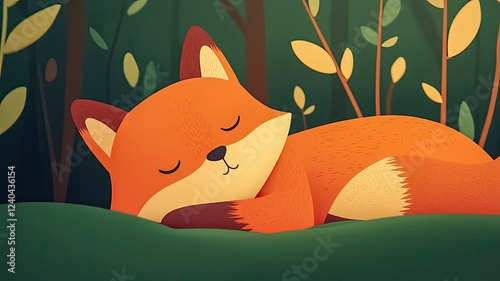 A cute, cartoon-style fox peacefully sleeping in a vibrant forest setting, surrounded by stylized leaves and greenery.