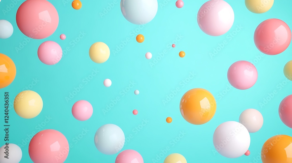 Colorful Abstract Background with Floating 3D Spheres in Pastel and Bright Hues on Turquoise Backdrop Colorful Abstract Background with Floating 3D Spheres in Pastel and Bright Hues on Turquoise Backdrop