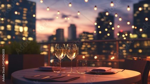 Chic and intimate rooftop dining scene, soft jazz playing, wine glasses shimmering, and a golden city skyline view. photo