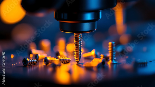 A microscope examining screws with a detailed close-up view.