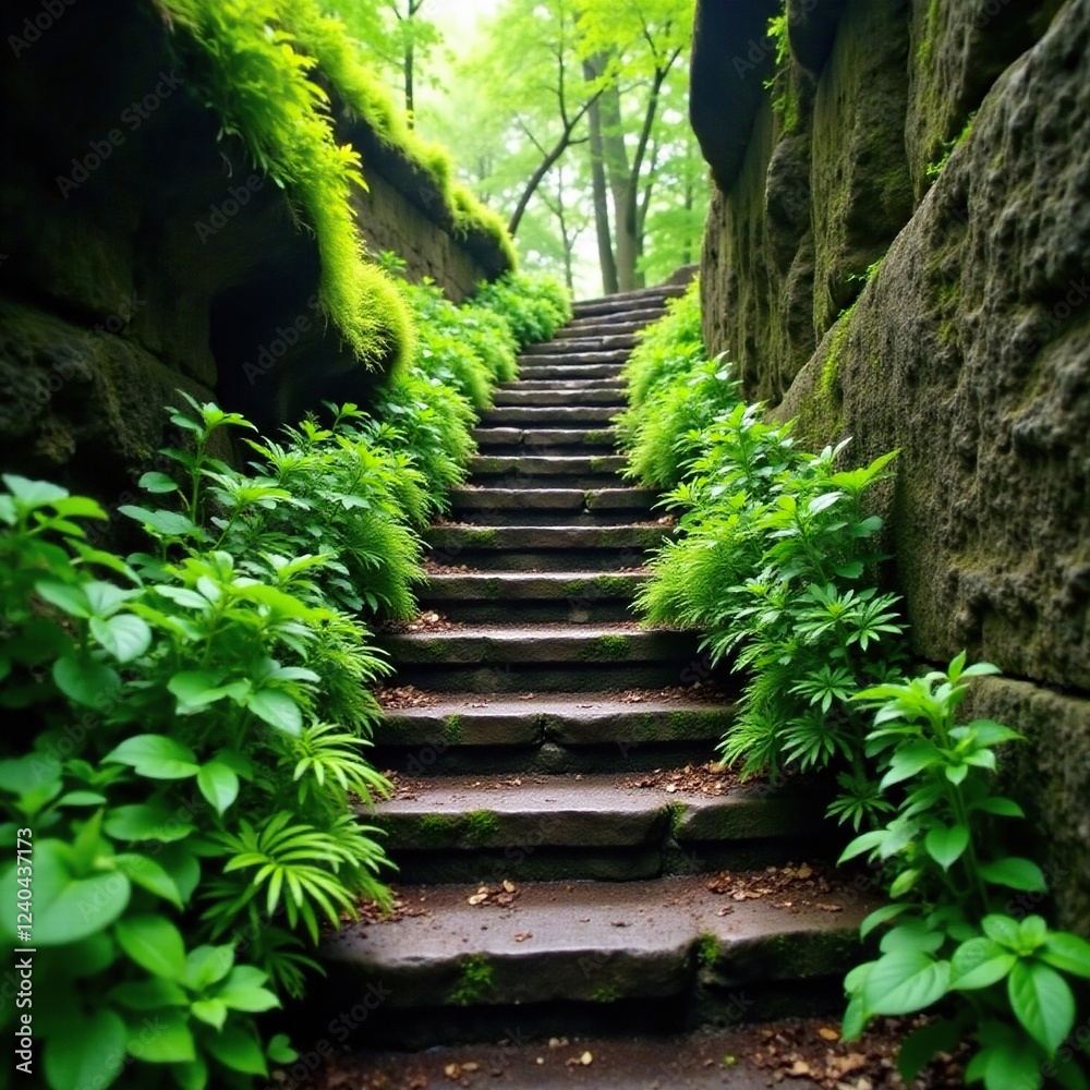 Moss and ferns create a verdant oasis on ancient stone stairway, natural scenery, rock stairs Moss and ferns create a verdant oasis on ancient stone stairway, natural scenery, rock stairs
