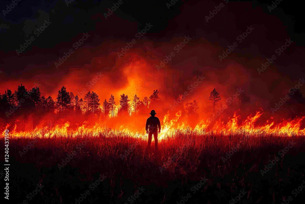 Fototapeta premium Firefighter battling a large wildfire at night in a forested area