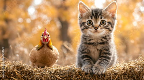 Adorable kitten and chicken in autumn setting with warm tones photo