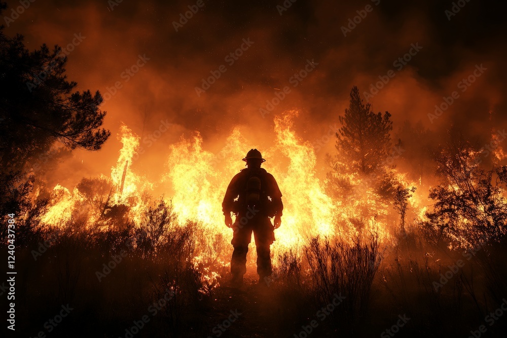 Fototapeta premium Brave firefighter battling wildfires at night with flames illuminating the surroundings