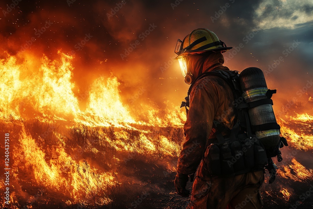 Firefighter battling wildfires at dusk in a forest area demonstrating bravery and commitment to safety Firefighter battling wildfires at dusk in a forest area demonstrating bravery and commitment to safety