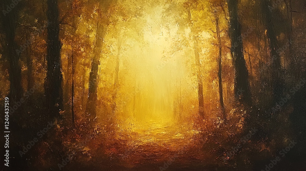 A luminous forest scene with glowing, oil-textured foliage and soft highlights A luminous forest scene with glowing, oil-textured foliage and soft highlights