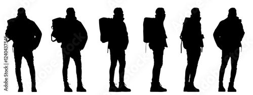 Vector concept conceptual black silhouette of a young man with a backpack standing from different perspectives isolated on white background. A metaphor for travel, adventure, relaxation and lifestyle