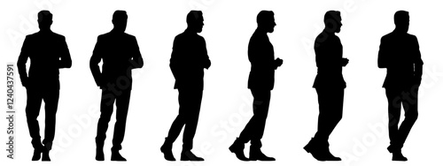 Vector concept conceptual black silhouette of a man in an elegant costume from different perspectives isolated on white background. A metaphor for fashion, entertainment and lifestyle