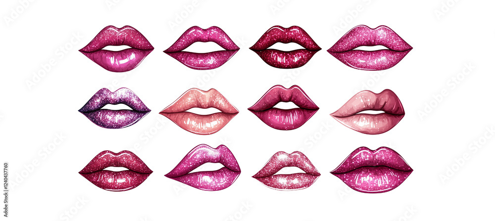 Naklejka premium Shimmering Pink Lips - Glamorous Makeup Elements on White Background
