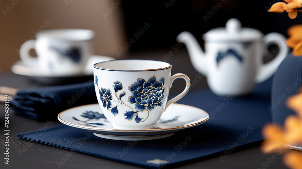 Elegant Blue and White Porcelain Tea Set on Dark Table Elegant Blue and White Porcelain Tea Set on Dark Table