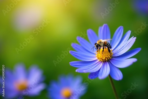 Small bee collecting nectar from a bright blue flower in a sunny garden, blossom, plant, insects