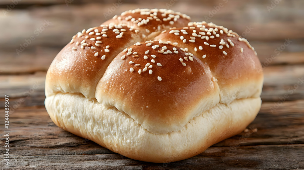 Freshly Baked Soft Bun with Sesame Seeds on Rustic Wooden Table Freshly Baked Soft Bun with Sesame Seeds on Rustic Wooden Table