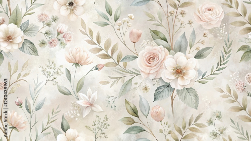 Fototapeta Elegant Watercolor Floral Pattern Featuring Delicate Roses, Peonies, and Other Blossoms on a Soft Beige Background