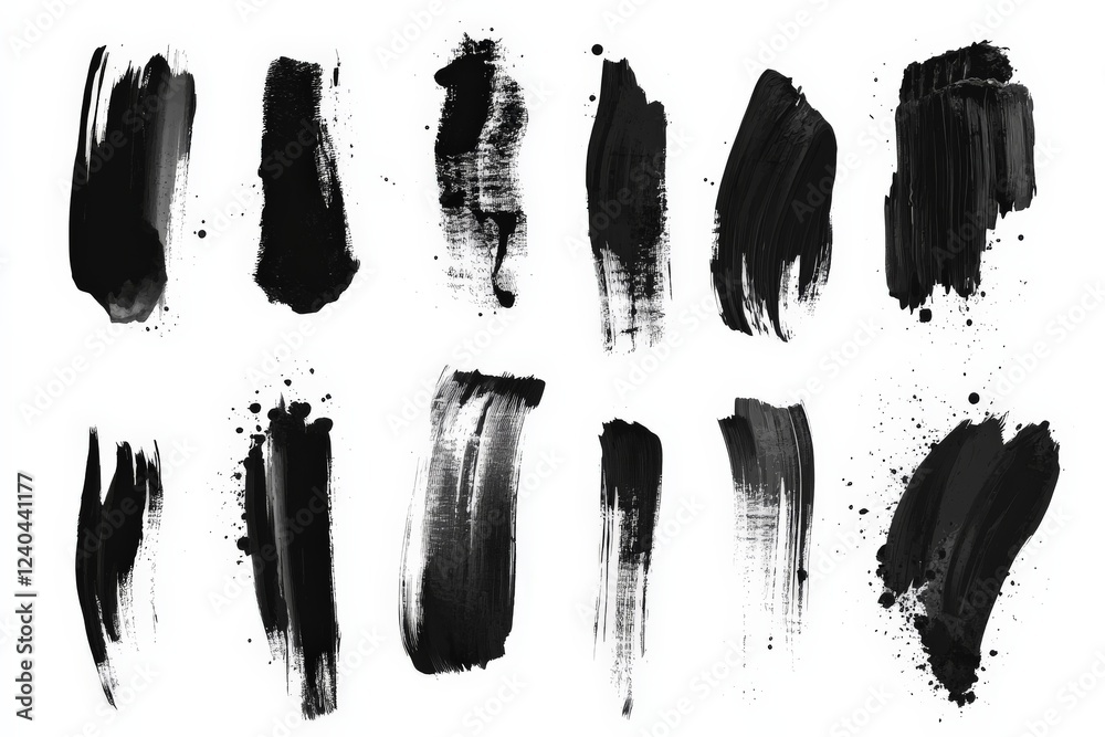 Black brush strokes arranged artistically on a white background for creative design inspiration and artistic projects Black brush strokes arranged artistically on a white background for creative design inspiration and artistic projects
