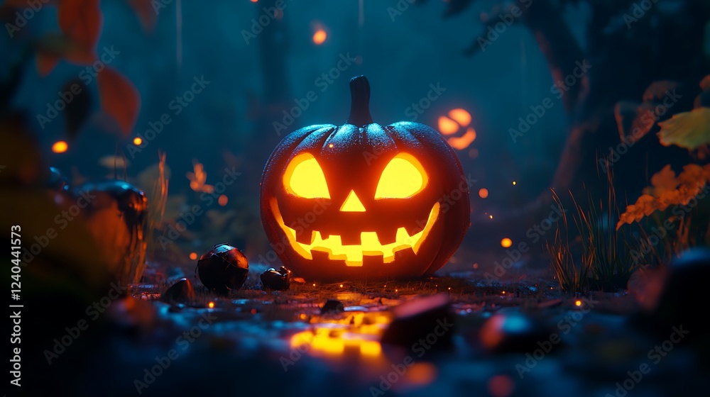 Fototapeta premium A Glowing Jack-o'-Lantern in a Dark Forest