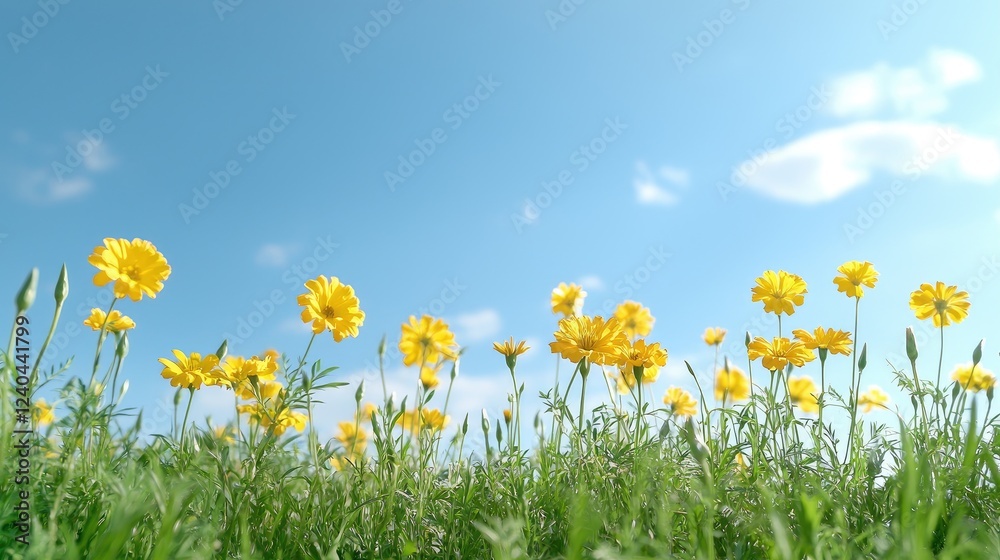 Sunny yellow flowers field, blue sky, spring, nature Sunny yellow flowers field, blue sky, spring, nature