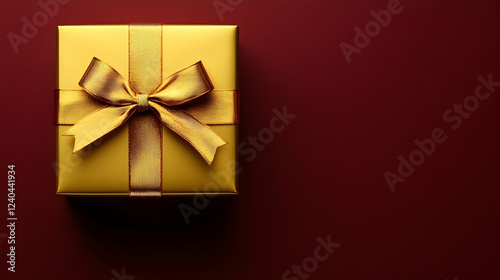 Elegant Golden Gift Box with Ribbon on Deep Red Background