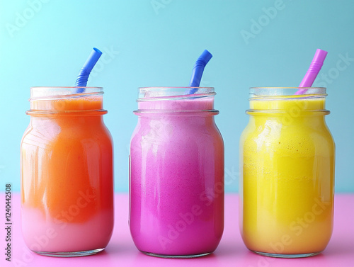 Colorful Fruit Smoothies in Glass Jars photo