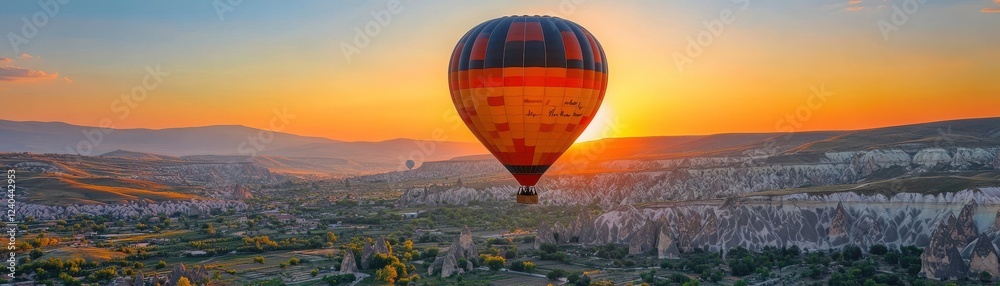 A vibrant hot air balloon soars over a picturesque landscape at sunset, casting a colorful silhouette against the sky. A vibrant hot air balloon soars over a picturesque landscape at sunset, casting a colorful silhouette against the sky.