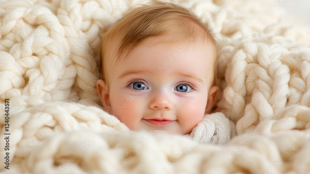 Baby girl smiles, nestled in chunky knit blanket Baby girl smiles, nestled in chunky knit blanket