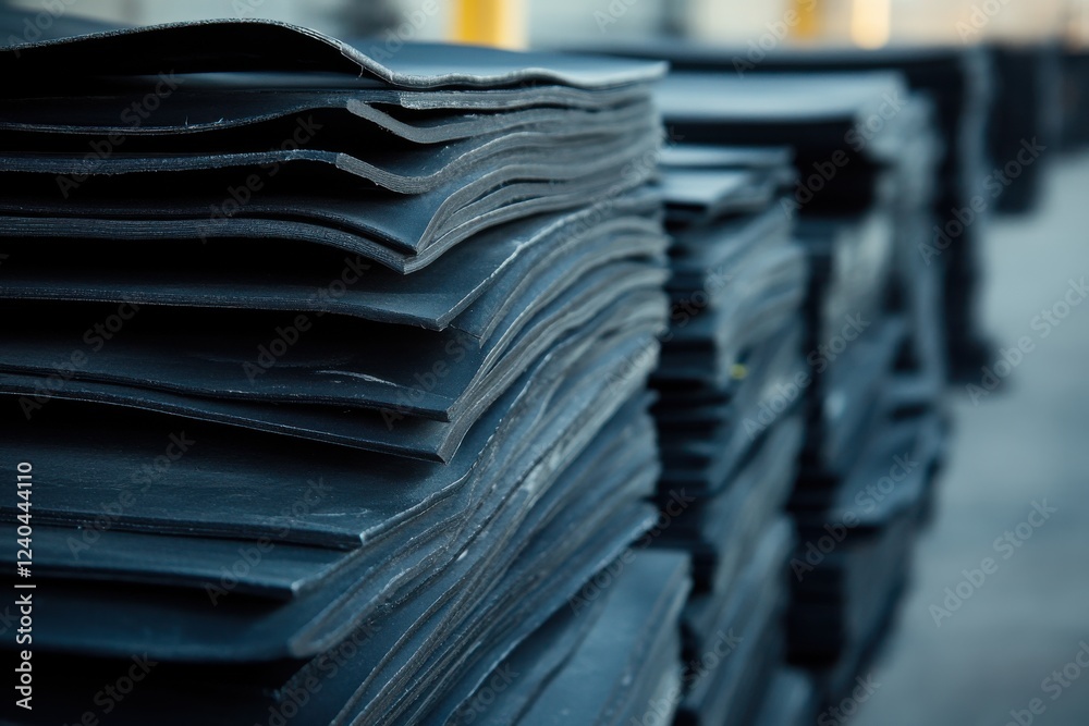Stacked Rubber Sheets in a Production Storage Area Captured in Soft Natural Lighting with a Symmetrical View Highlighting Raw Material Preparation Stacked Rubber Sheets in a Production Storage Area Captured in Soft Natural Lighting with a Symmetrical View Highlighting Raw Material Preparation