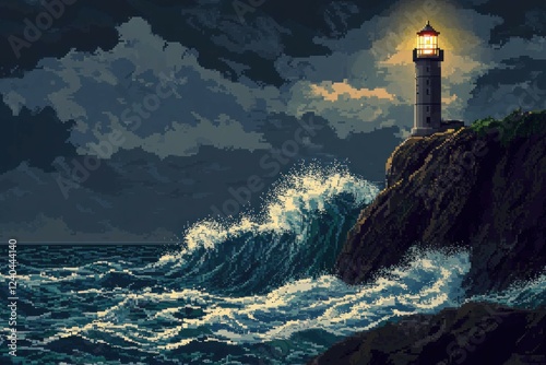 A stormy sea with towering waves crashing against a lone pixelated lighthouse perched on a rocky cliff, its light shining brightly through the dark sky.